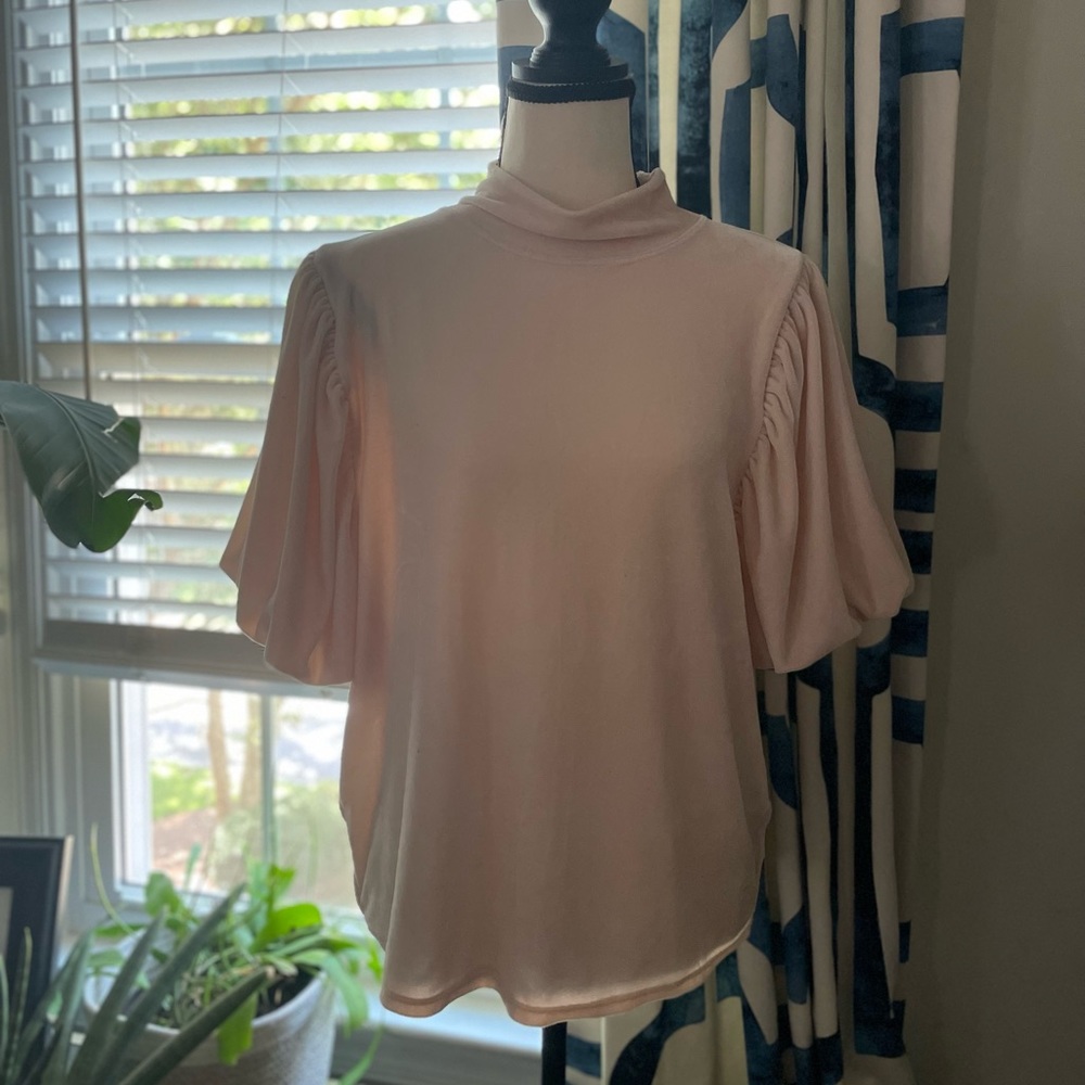 Velvet high neck blouse with puffed sleeves.